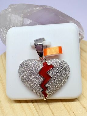 Moissanite and Enamel Sterling Silver Broken Heart Pendant